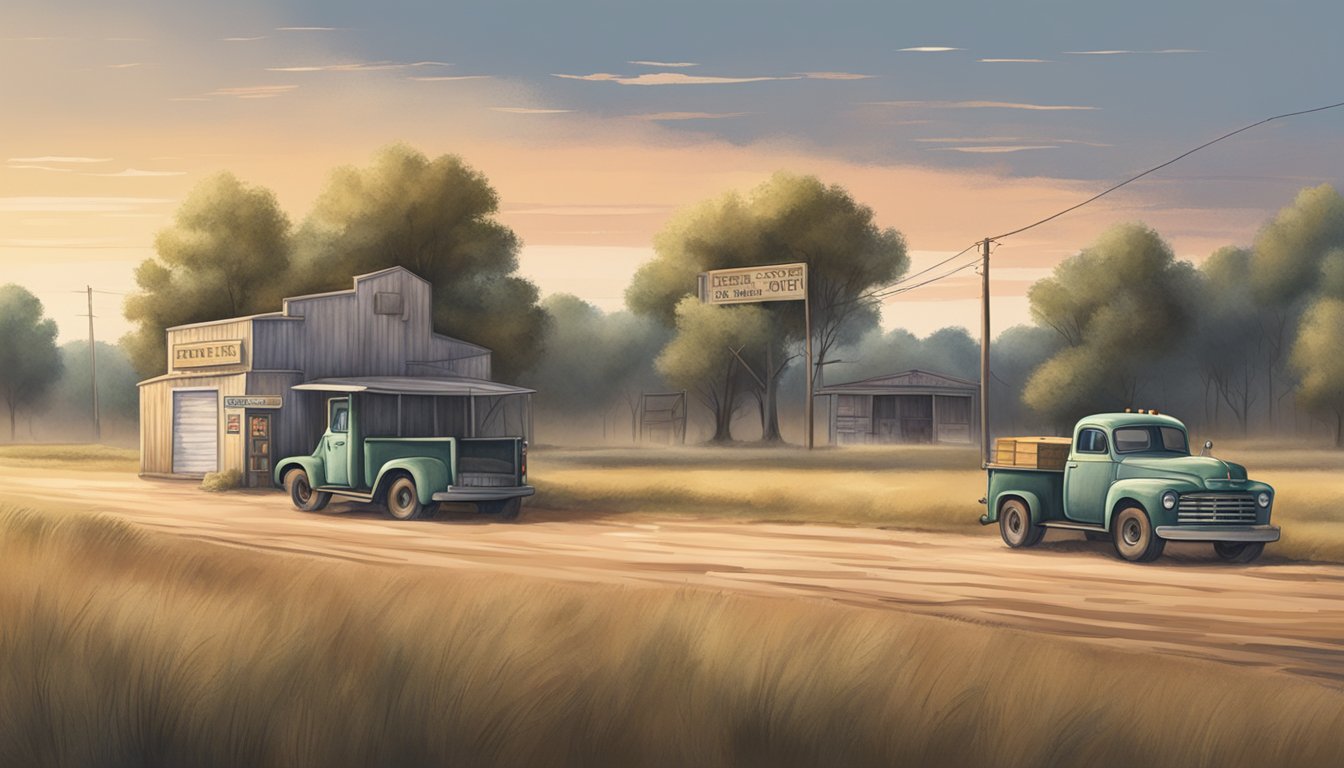 A dusty rural landscape with a small liquor store and delivery truck in Kent County, Texas