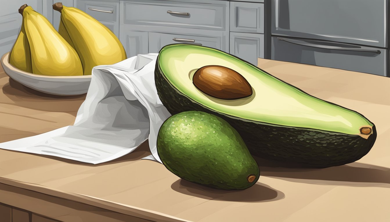 A ripe Hass avocado sits on a kitchen counter next to a banana and a paper bag. The avocado is firm but yields slightly to gentle pressure