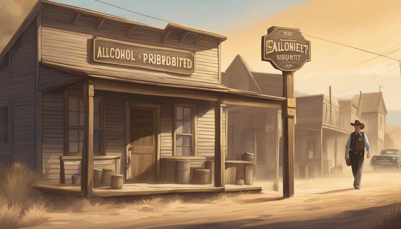 A dusty, rural town with a faded "Alcohol Prohibited" sign outside a saloon. A sheriff's badge glints in the sunlight as a lawman patrols the empty streets