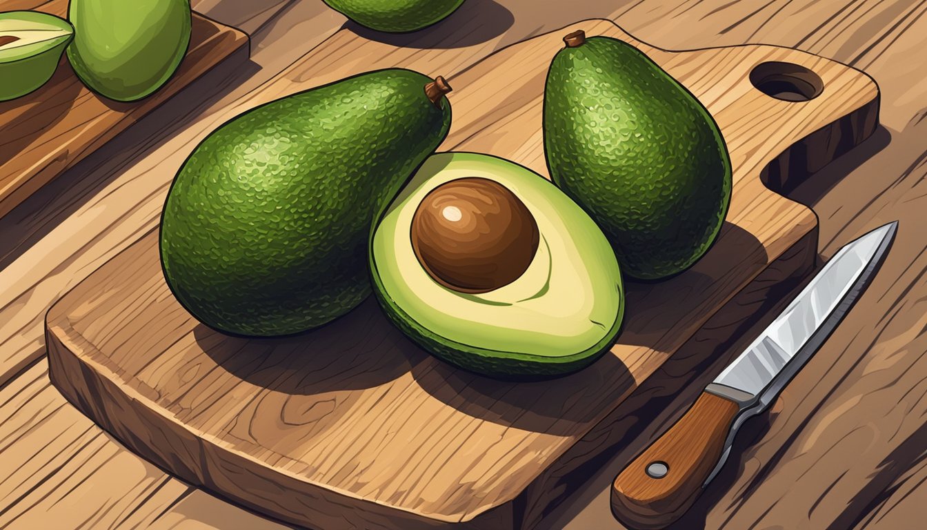 A ripe Hass avocado sits on a wooden cutting board, surrounded by a halved avocado and a knife. The ripe avocado's skin is dark and yields to gentle pressure