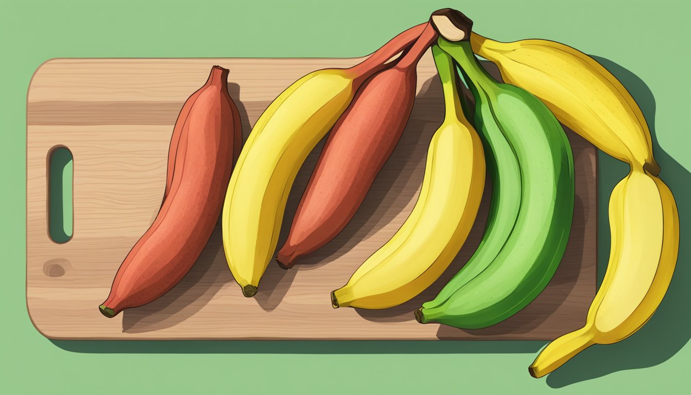 A red banana with yellow speckles sits on a wooden cutting board next to a bunch of green bananas. The red banana's skin is slightly soft to the touch