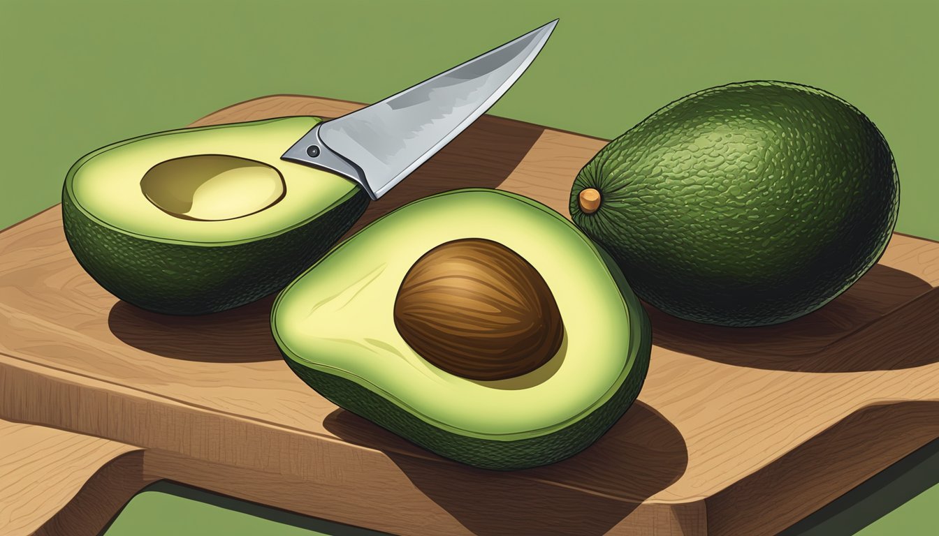 A ripe Hass avocado sitting on a cutting board, with a knife nearby and a halved avocado showing its creamy green flesh and brown skin