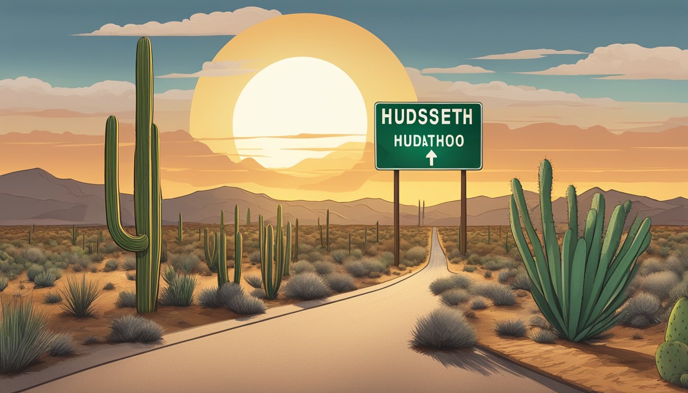 A dusty road sign with "Hudspeth County" and an outline of Texas, surrounded by cacti and a setting sun