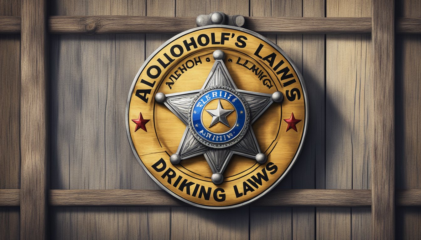 A sheriff's badge hanging on a rustic wall, with a sign displaying "Alcohol and Drinking Laws" in a small Texas town