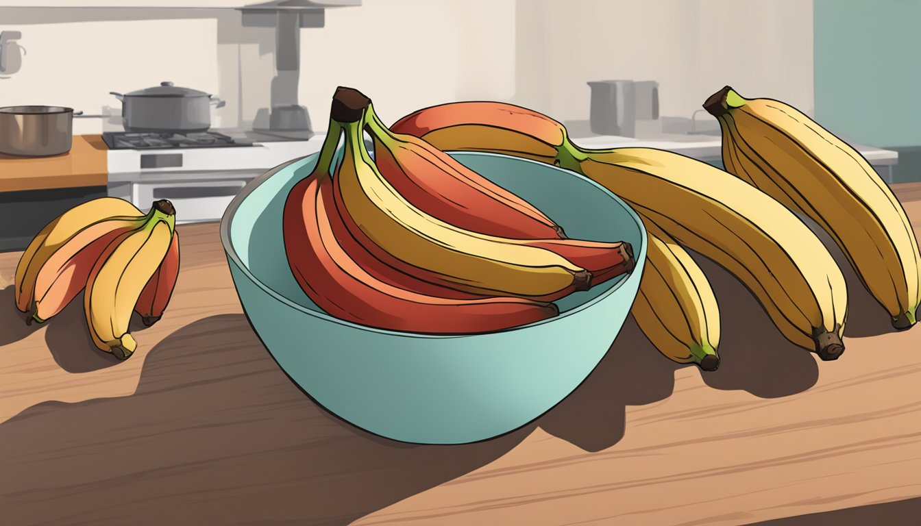 A bunch of red bananas, some with brown spots, sitting on a kitchen counter