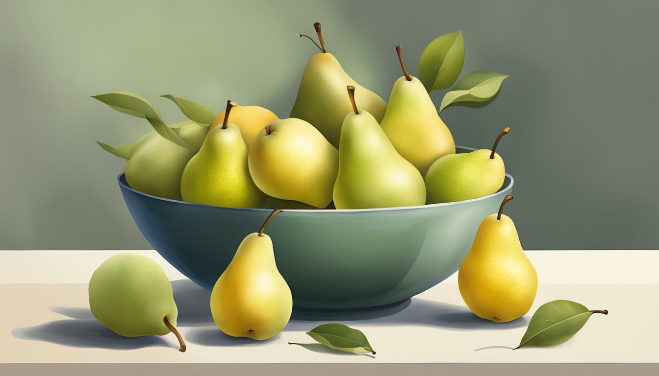 A bowl of winter nelis pears, some still green, others turning yellow, with a few soft spots