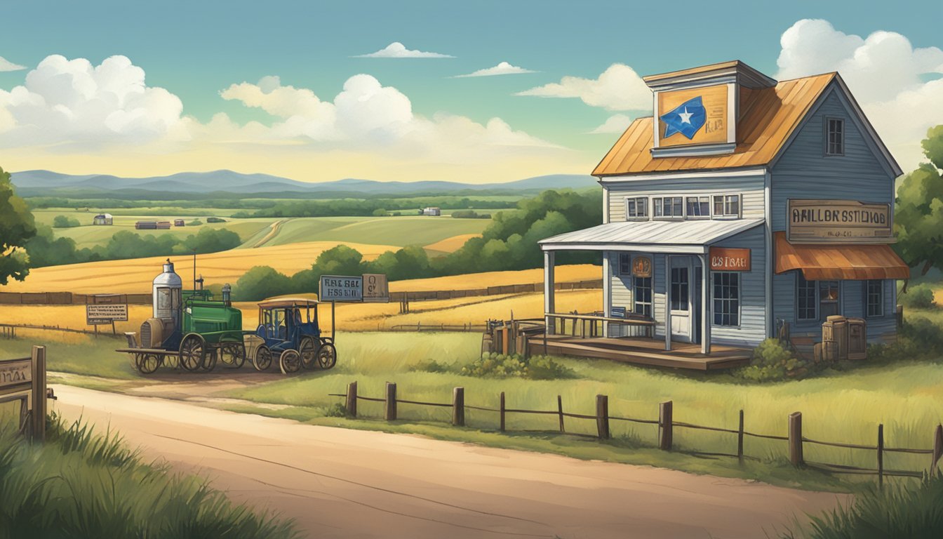 The scene shows a rural Texas landscape with a small town in the distance. A sign displaying alcohol regulations is prominently featured