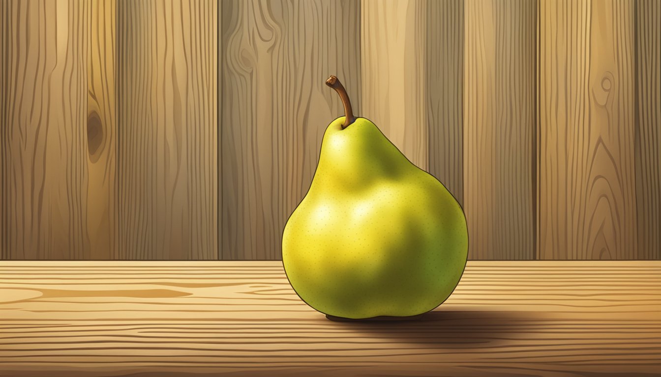 A close-up of a Winter Nelis pear on a wooden surface, showing its golden-yellow color with a hint of green, and a slightly soft texture when gently pressed