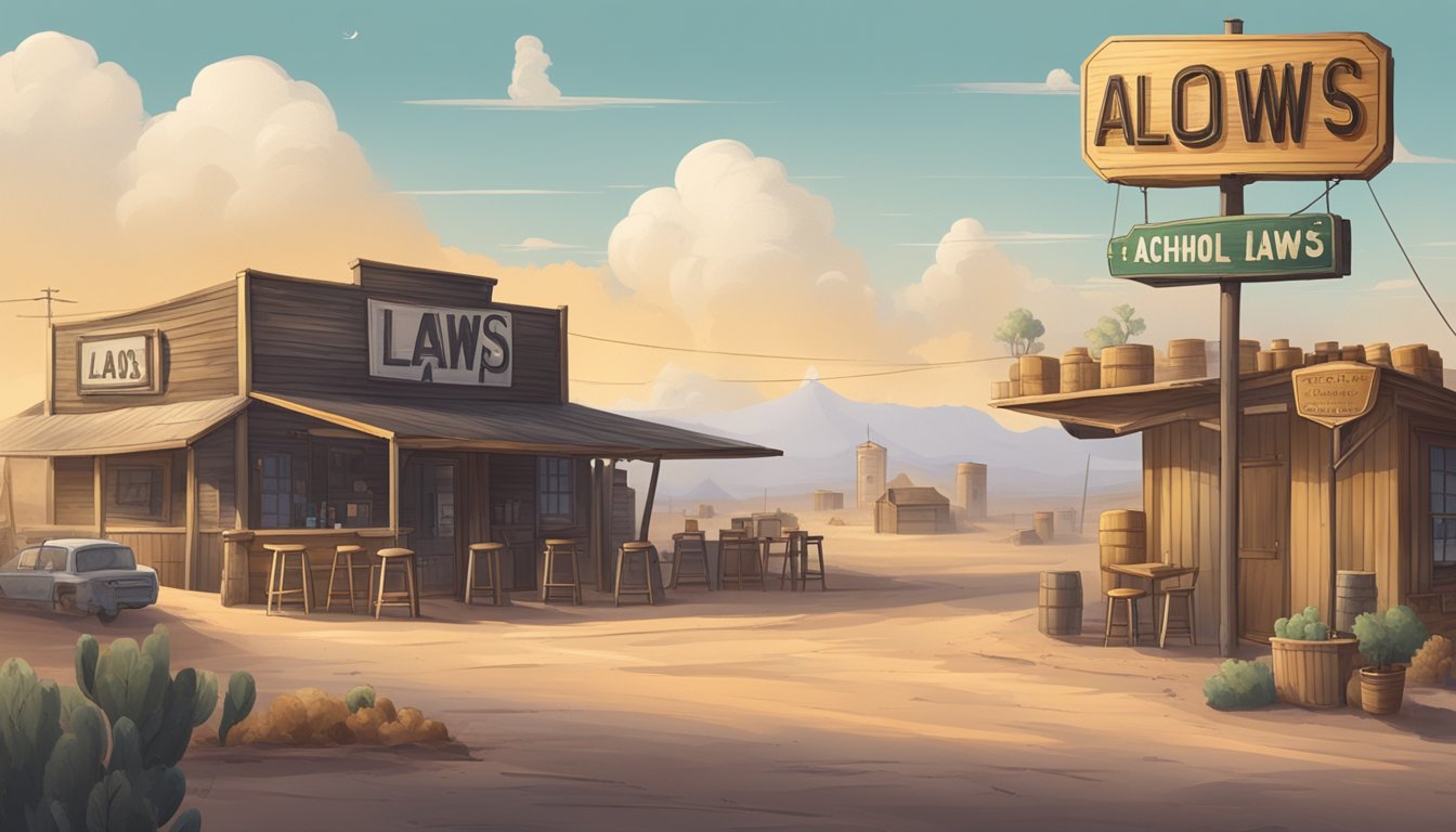 A dusty landscape with a small town, a bar, and a sign displaying alcohol laws