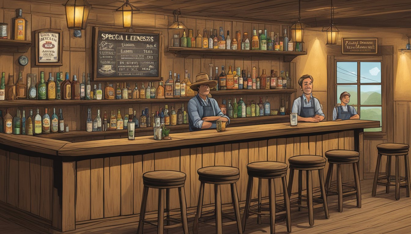 A rustic Texas bar with a sign for "Special Licenses and Permits" displayed prominently. A bartender serves drinks to patrons