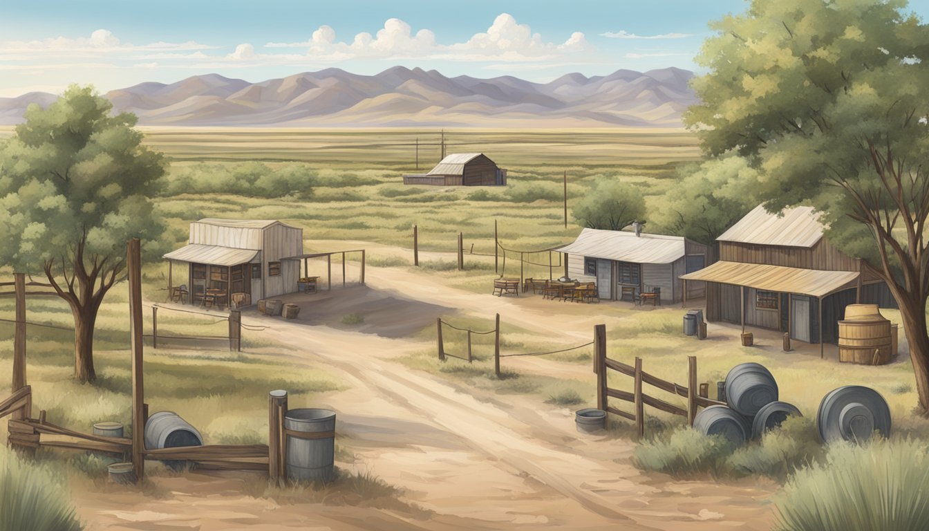 A rural landscape in Hudspeth County, Texas, with signs indicating zoning and location restrictions on alcohol and drinking