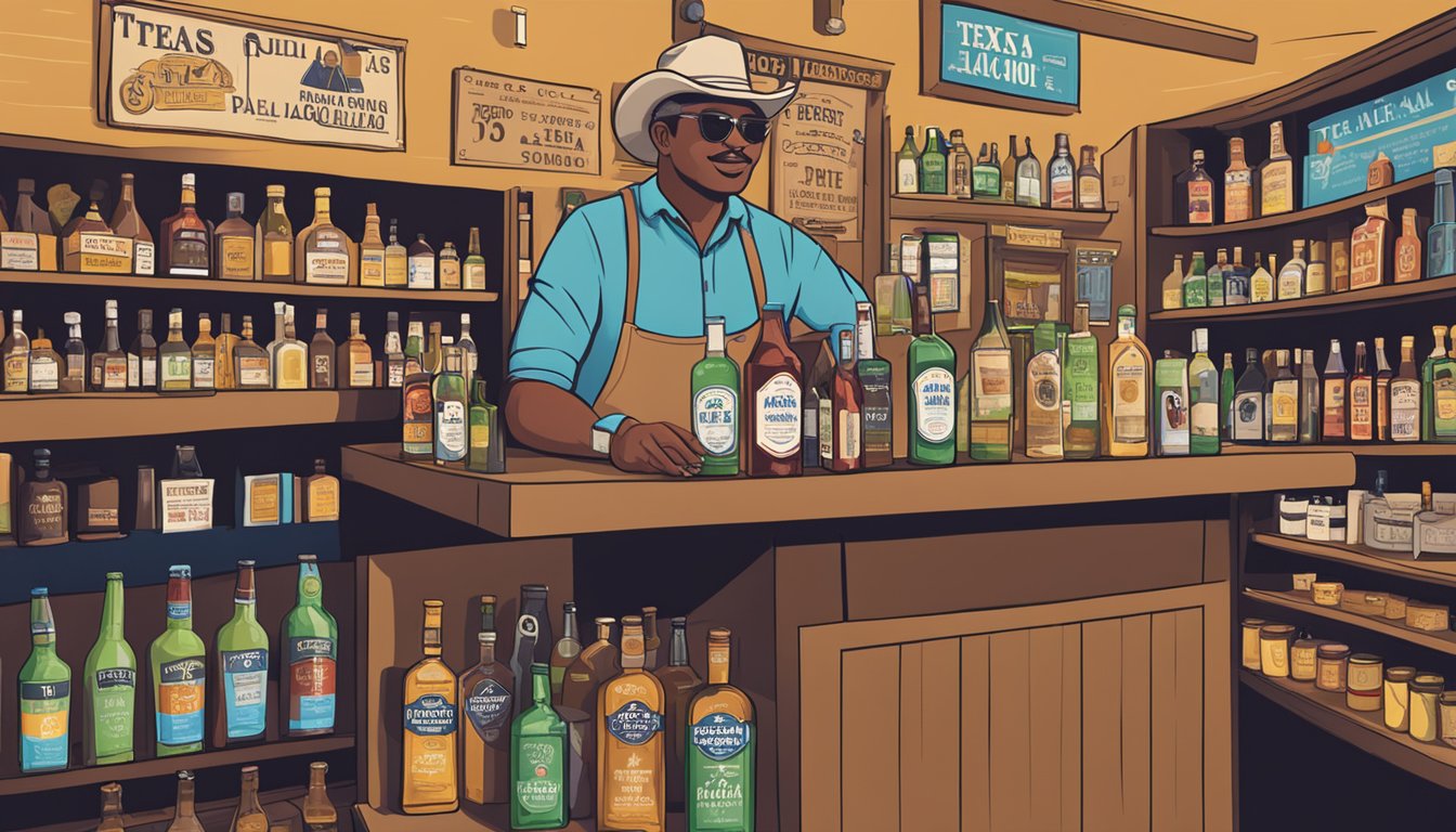 A vendor behind a counter selling alcohol products with signage displaying Texas alcohol laws