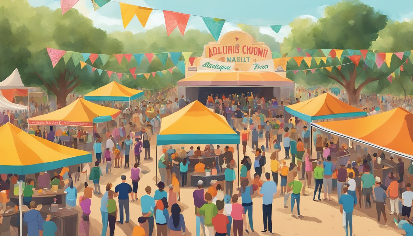 A festive outdoor event with colorful banners, a stage, and a crowd of people enjoying alcoholic beverages in Hudspeth County, Texas