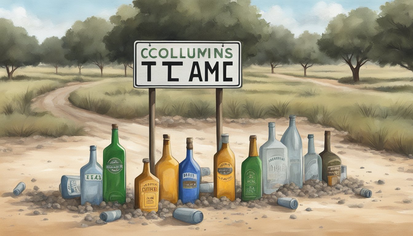 A dusty Texas road sign marks the county line. Empty bottles litter the ground, hinting at the local alcohol consumption laws