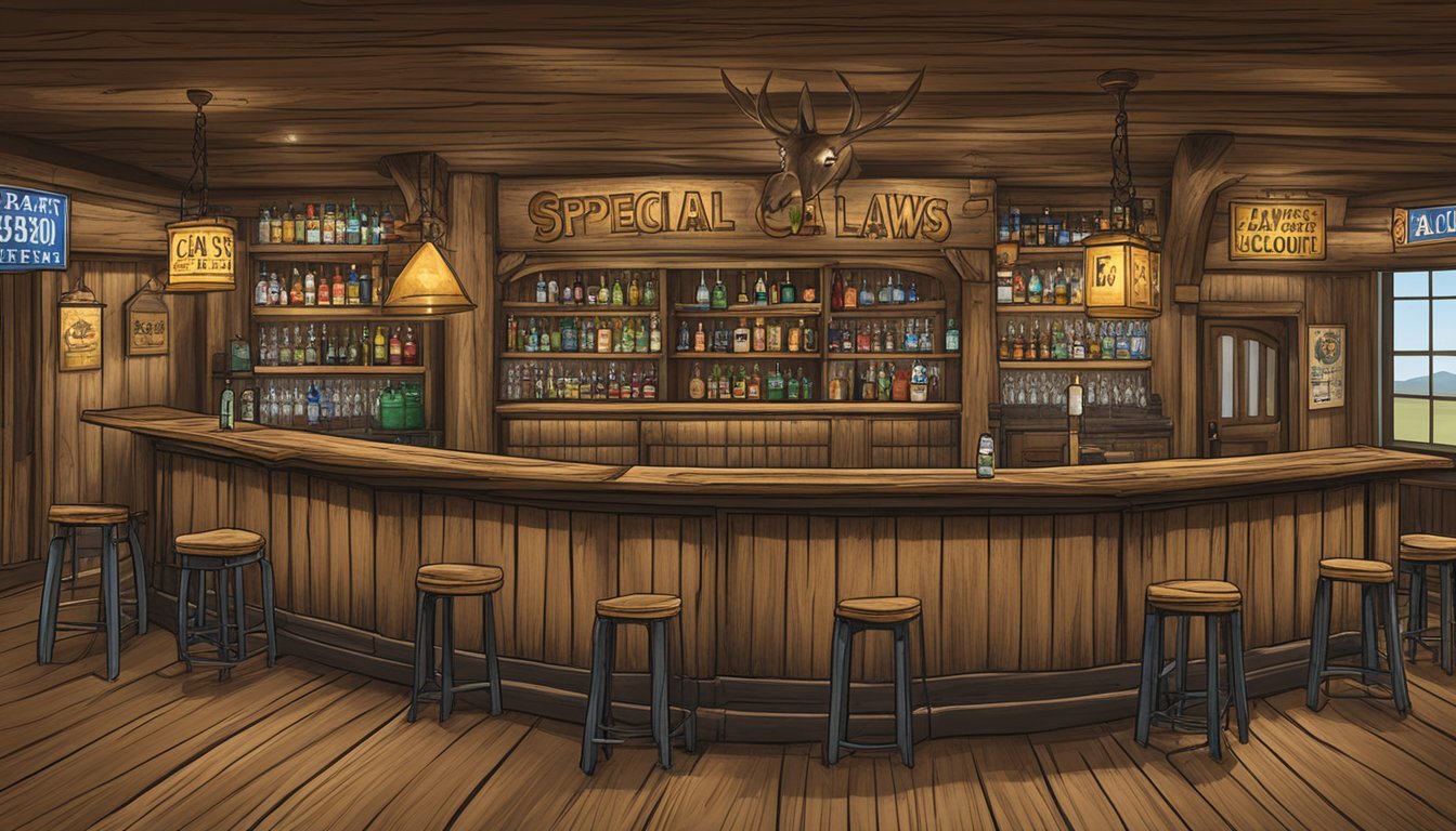 A rustic, western-style bar with "Special Case Alcohol Laws in Jeff Davis County" signage displayed prominently