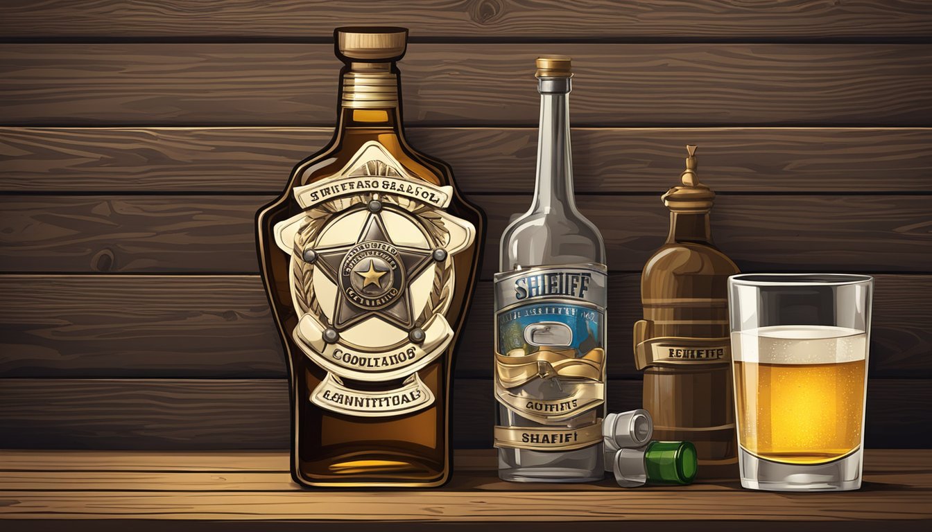 A sheriff's badge and a bottle of alcohol on a rustic wooden table