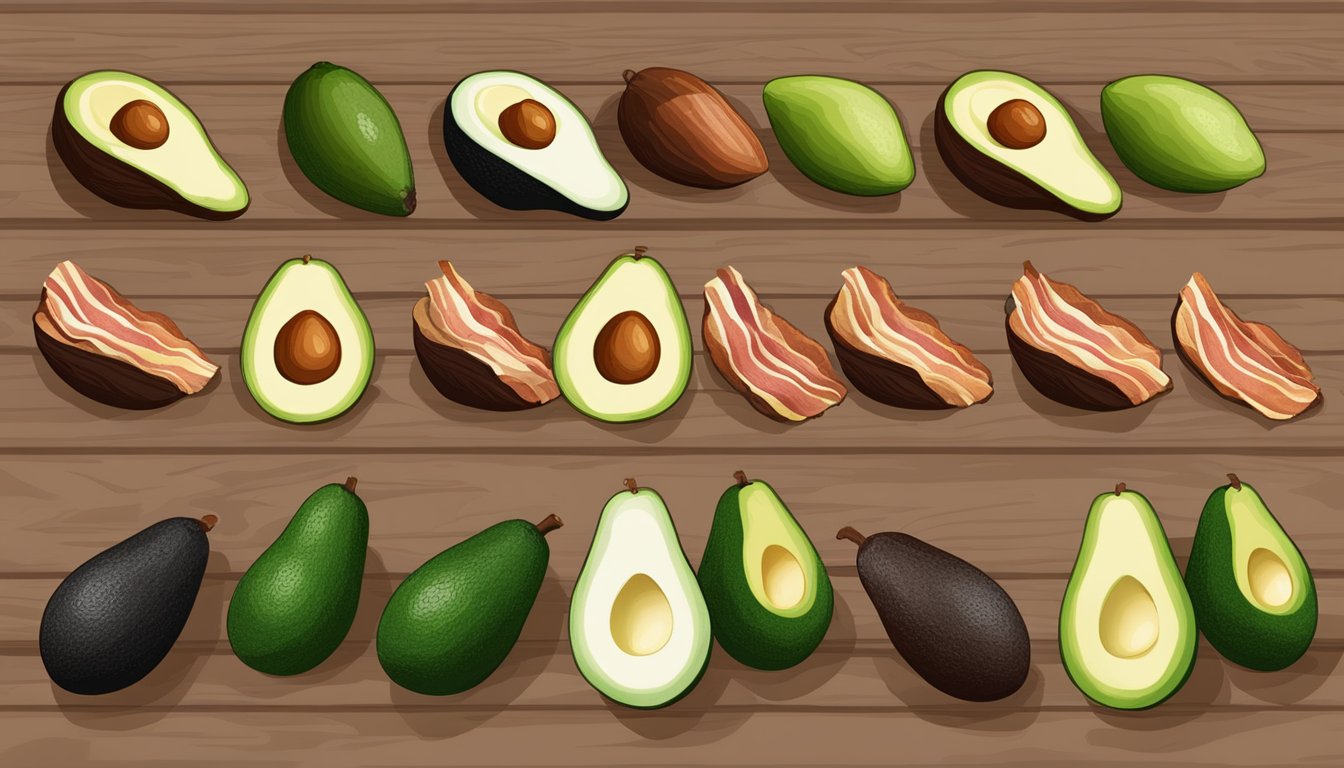 A series of bacon avocados at different stages of ripeness, from green and firm to dark and soft, arranged on a wooden surface