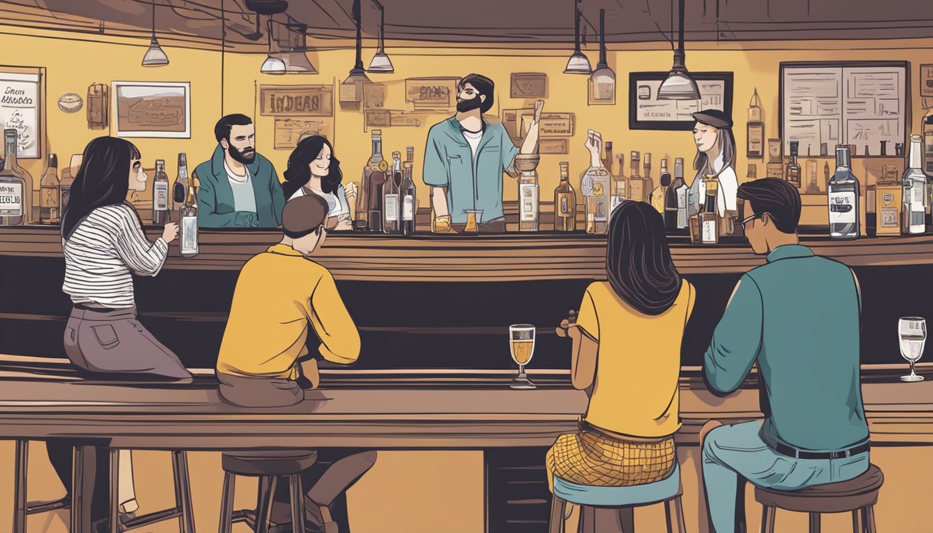 A group of people sitting at a bar, with various alcoholic beverages on the counter. Signs indicating alcohol laws and regulations are posted on the walls