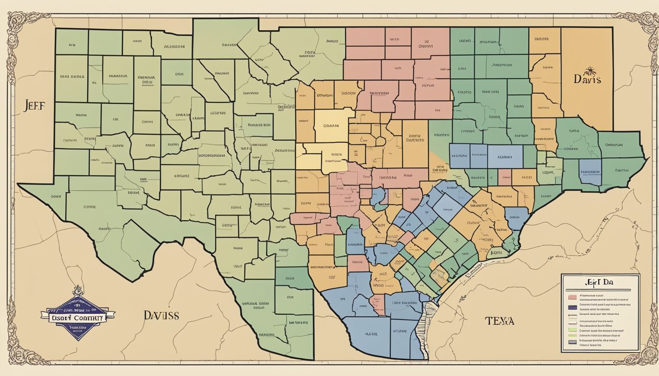 A map showing Jeff Davis County, Texas, surrounded by adjacent counties with different alcohol and drinking laws