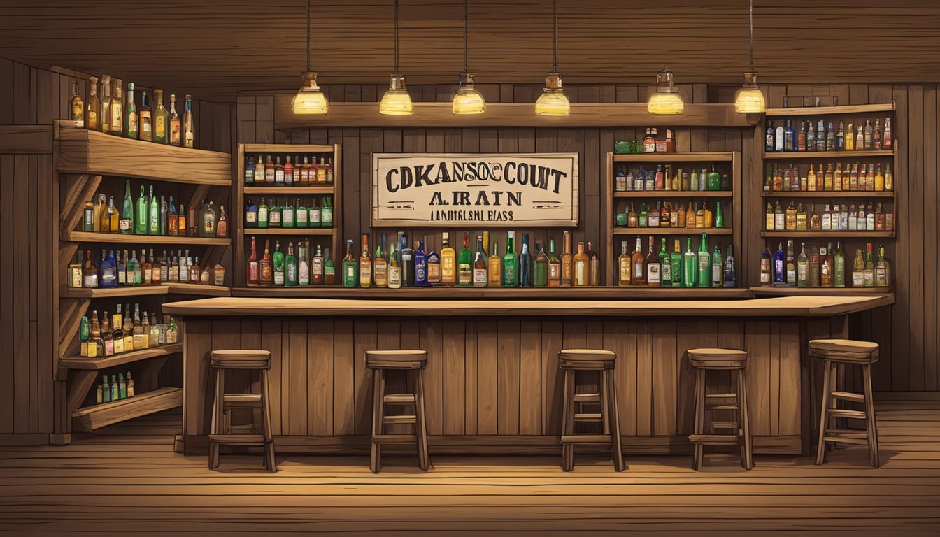 A rustic bar with Texas decor, shelves stocked with various alcohol bottles, and a sign displaying the Johnson County alcohol and drinking laws