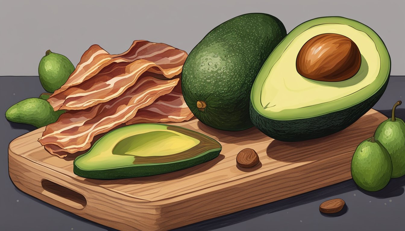 A ripe bacon avocado sits on a wooden cutting board, surrounded by other avocados at various stages of ripeness. The ripe avocado is slightly soft to the touch and has a dark green skin