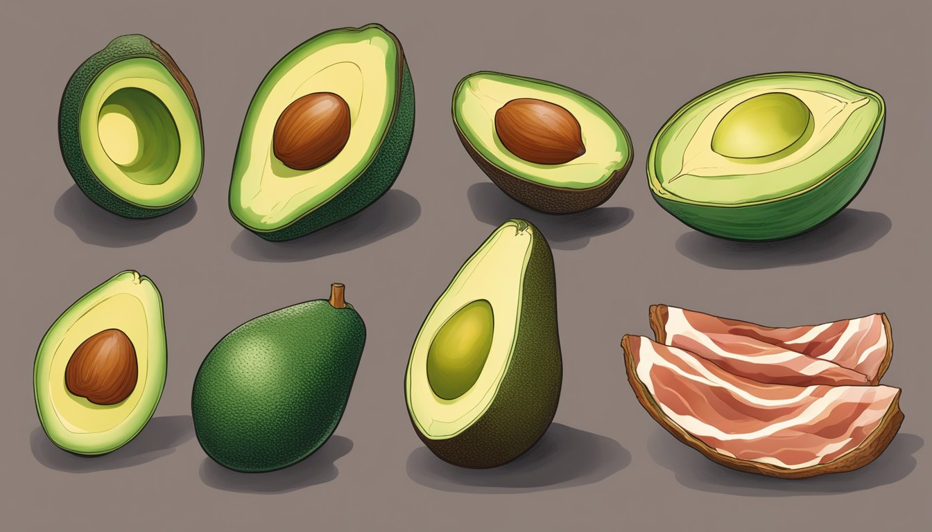 A whole bacon avocado surrounded by various stages of ripeness, from unripe to overripe, with a clear visual difference between each stage