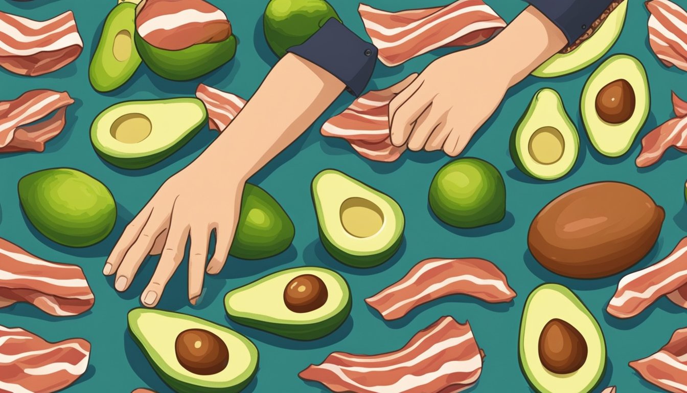 A hand reaching for a bacon avocado, gently pressing its skin to check for ripeness. Nearby, a display of various avocados at the store