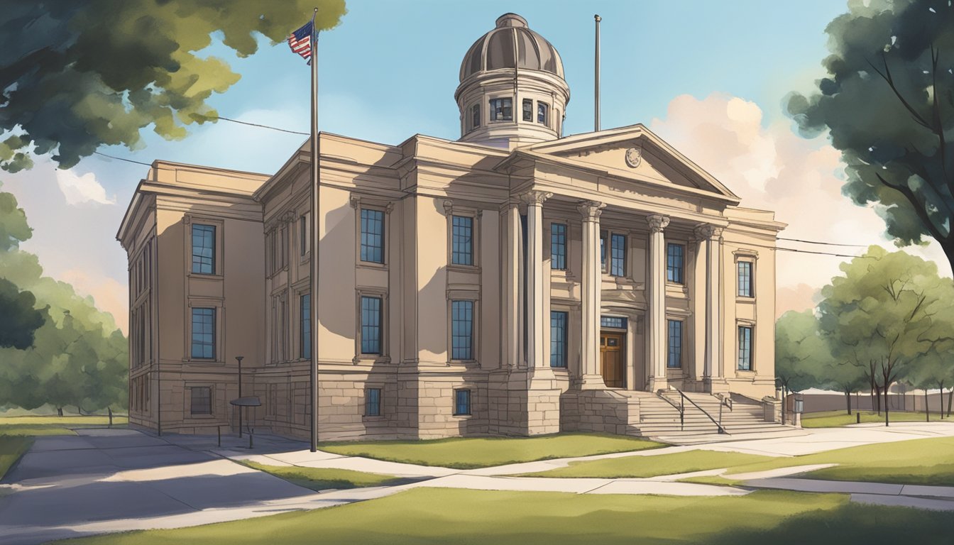 A courthouse in Johnson County, Texas, with a prominent sign displaying alcohol licensing and certification laws