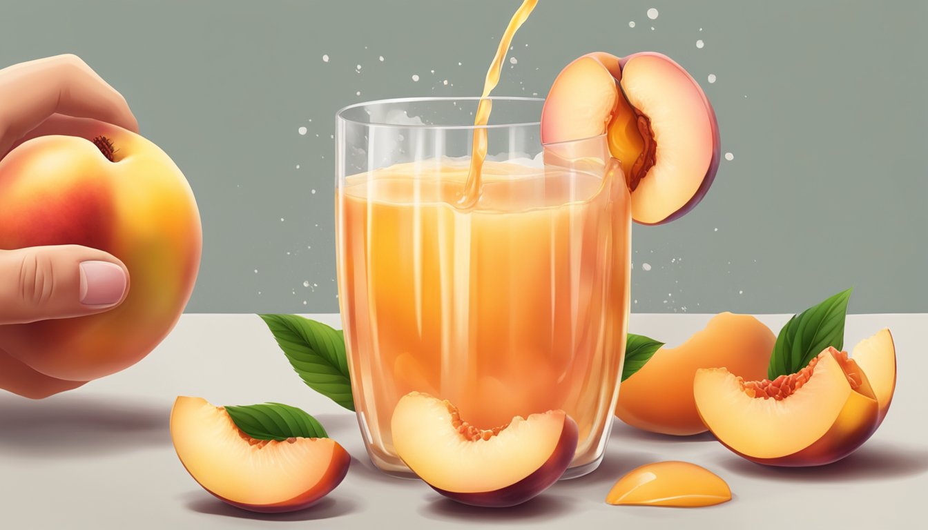 A hand gently squeezing a peach, juice dripping down the side, with a sweet aroma in the air