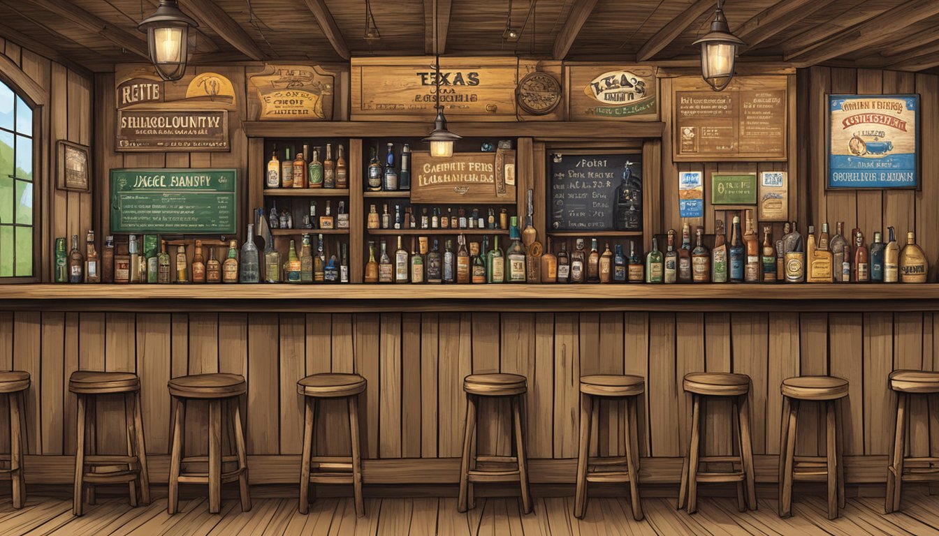 A rustic bar with signage displaying "Jack County Specific Regulations" and "Texas Alcohol and Drinking Laws" prominently featured