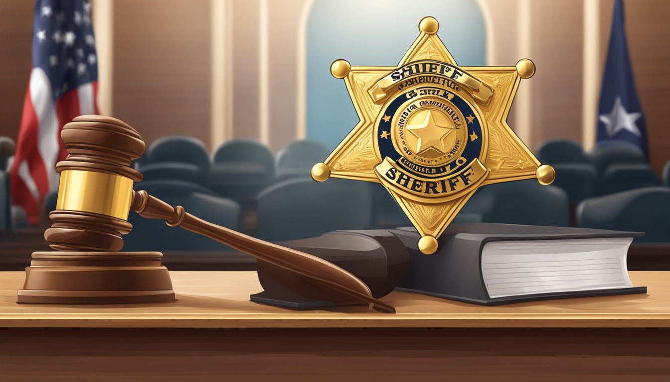 A sheriff's badge and a gavel on a courtroom desk