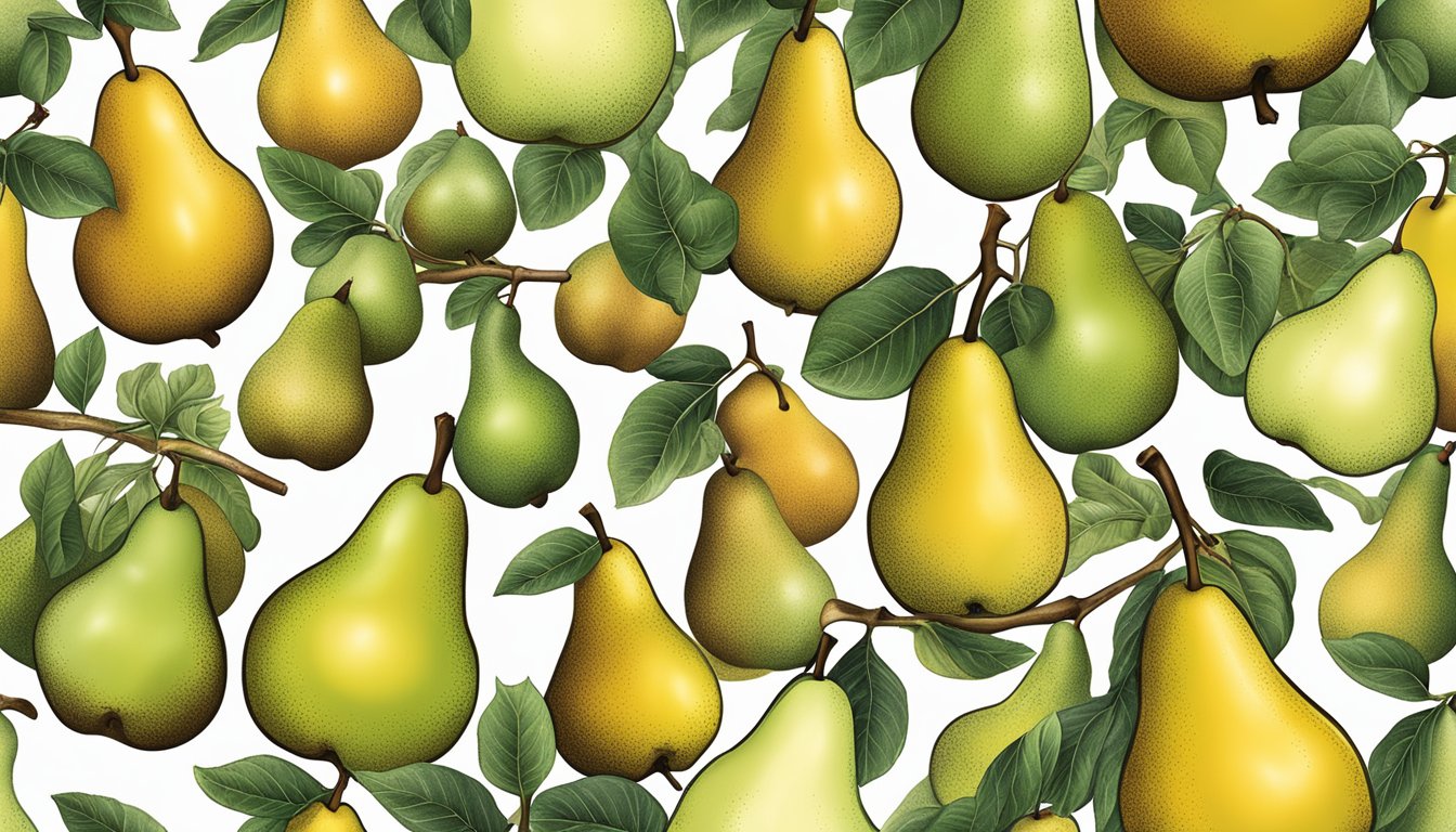 A variety of pears in different stages of ripeness, including Sierra pears with varying colors and textures