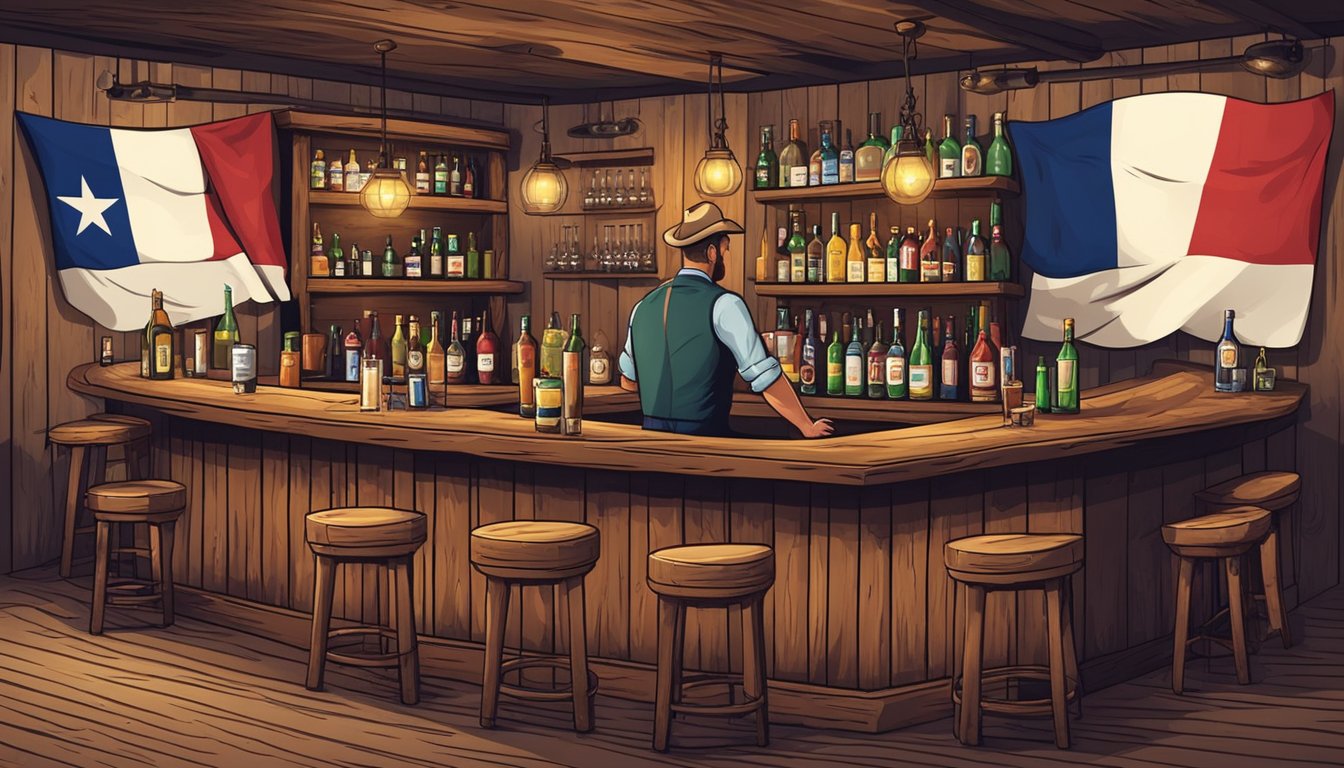 A rustic bar with bottles and glasses, a bartender serving drinks to customers. Texas flag on the wall