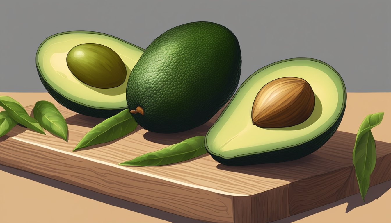 A ripe Reed avocado sits on a wooden cutting board, its dark green skin giving way to gentle pressure. Nearby, unripe avocados wait to ripen