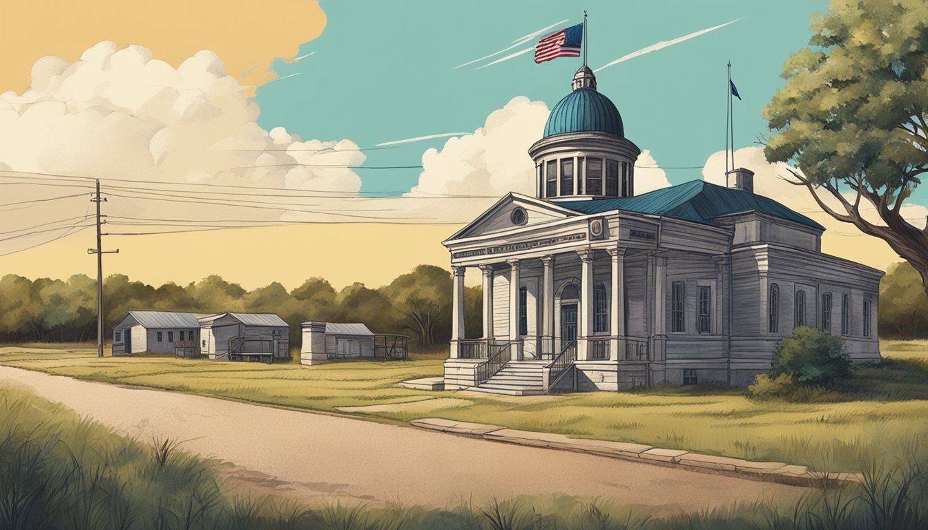 A rural landscape with a courthouse and a bar, showing the contrast between the legal system and alcohol consumption in Johnson County, Texas