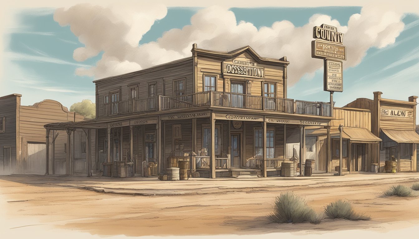 A dusty western town with a saloon, sheriff's office, and a sign displaying "Consumption and Possession Laws" in Jack County, Texas