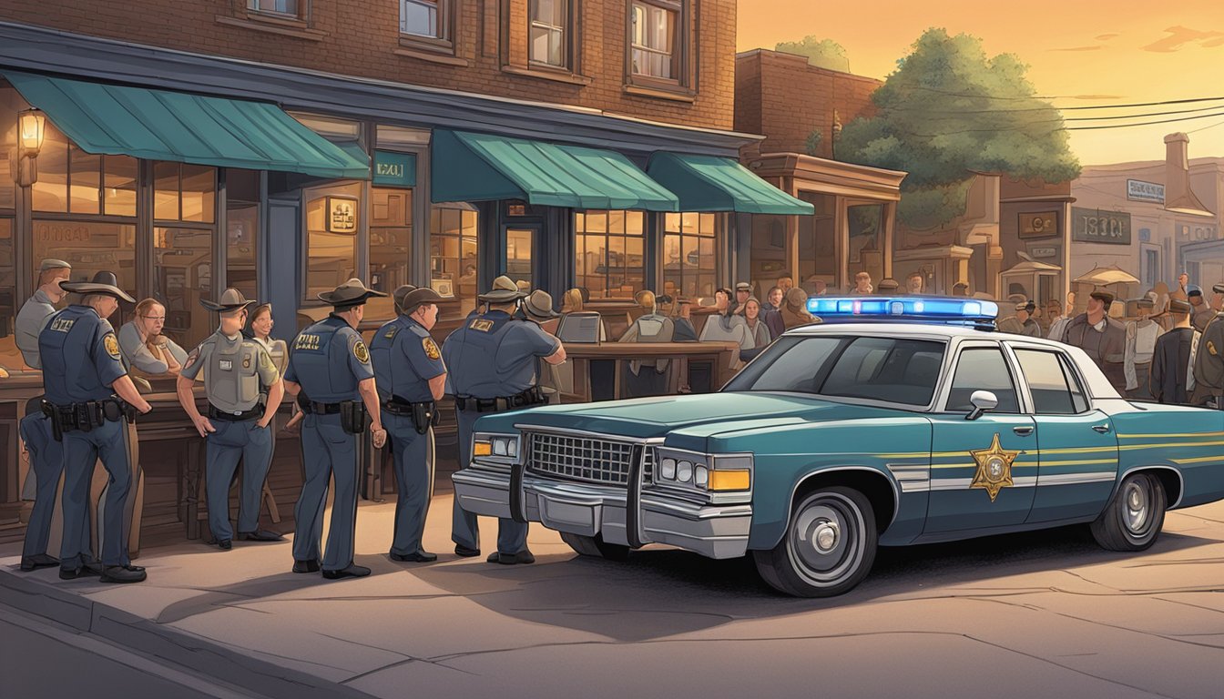 A sheriff's car parked outside a bar, with a group of people being questioned by law enforcement officers