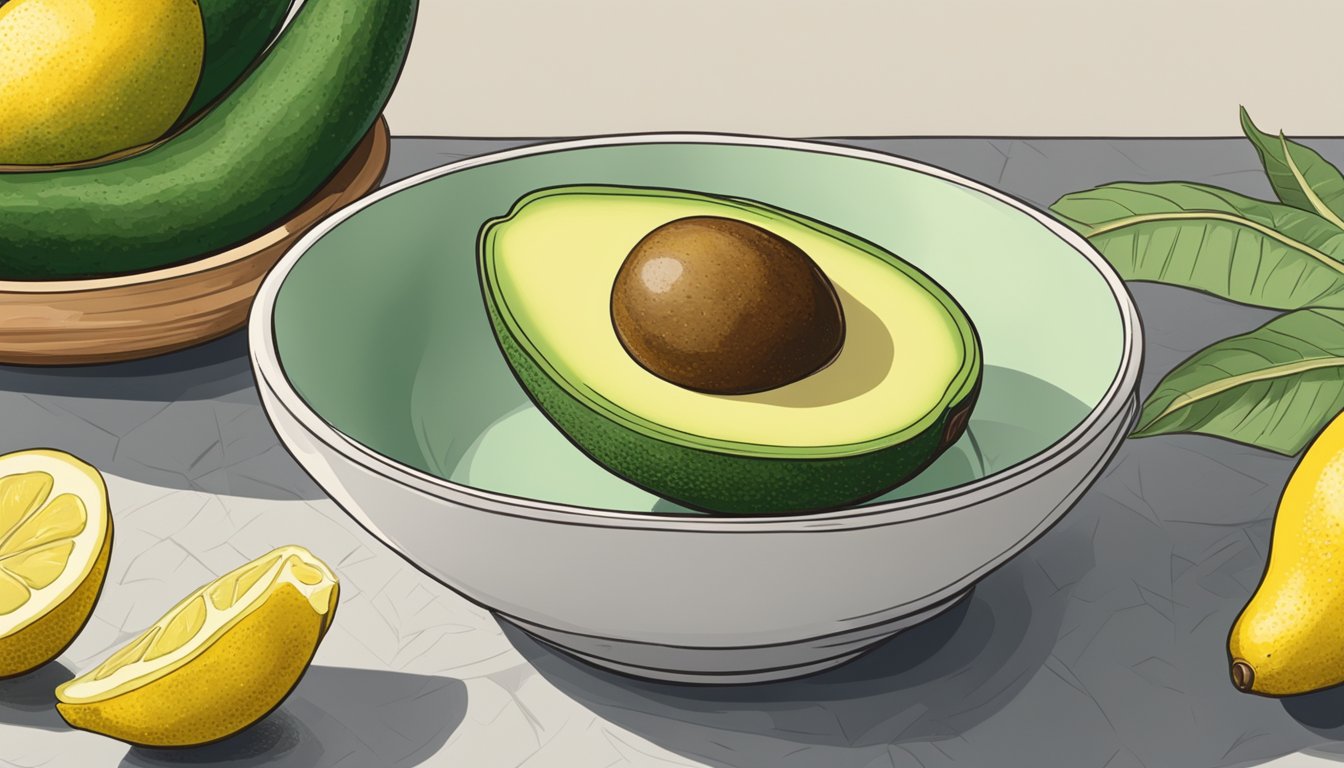 A reed avocado sits on a kitchen counter next to a bowl of lemons. A hand gently presses the avocado to check for ripeness