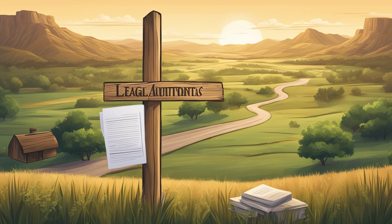 A rustic wooden signpost with legal documents and symbols of regulatory authorities, set against the backdrop of rolling hills and a Texas landscape