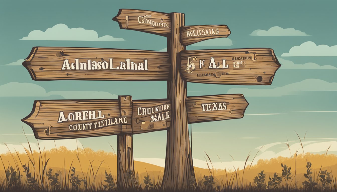 A rustic wooden signpost with various alcohol-related symbols and a list of licensing and sale regulations for Hill County, Texas