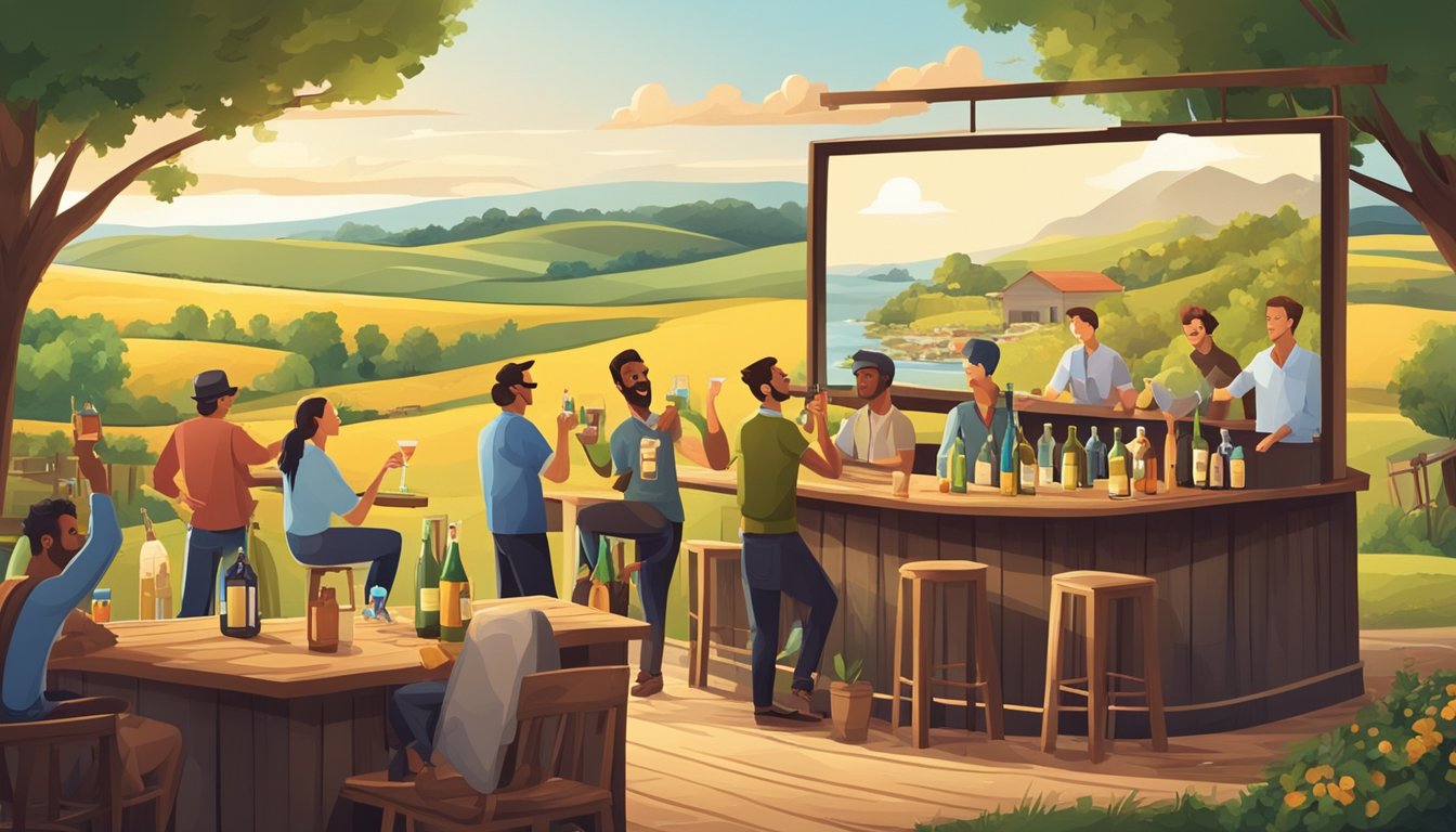 A billboard in a rural landscape with a large bottle of alcohol and a happy group of people enjoying drinks at a bar