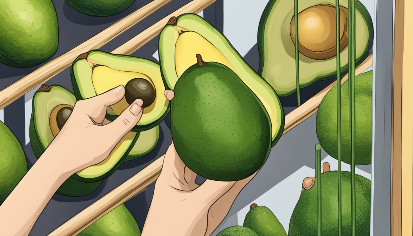 A hand reaching for a reed avocado, gently pressing the fruit to check for ripeness. Other avocados displayed on the shelf