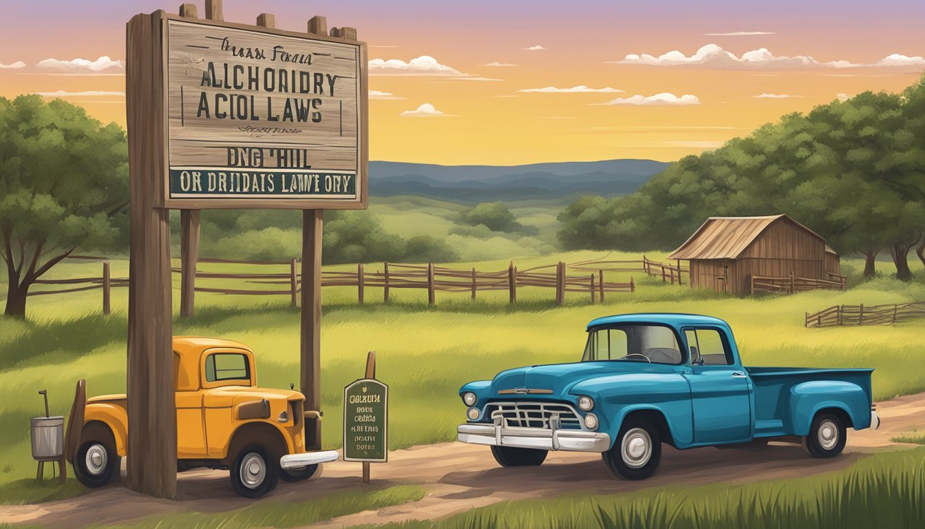 A rustic Texas hill country scene with a sign displaying operating hours and holidays for alcohol and drinking laws