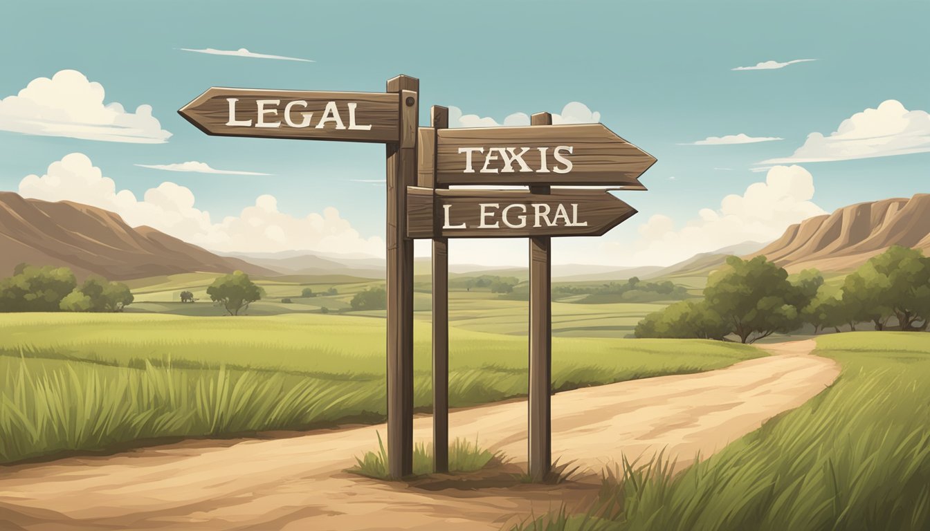 A rustic signpost with legal text stands in a rural Texas landscape, surrounded by rolling hills and fields