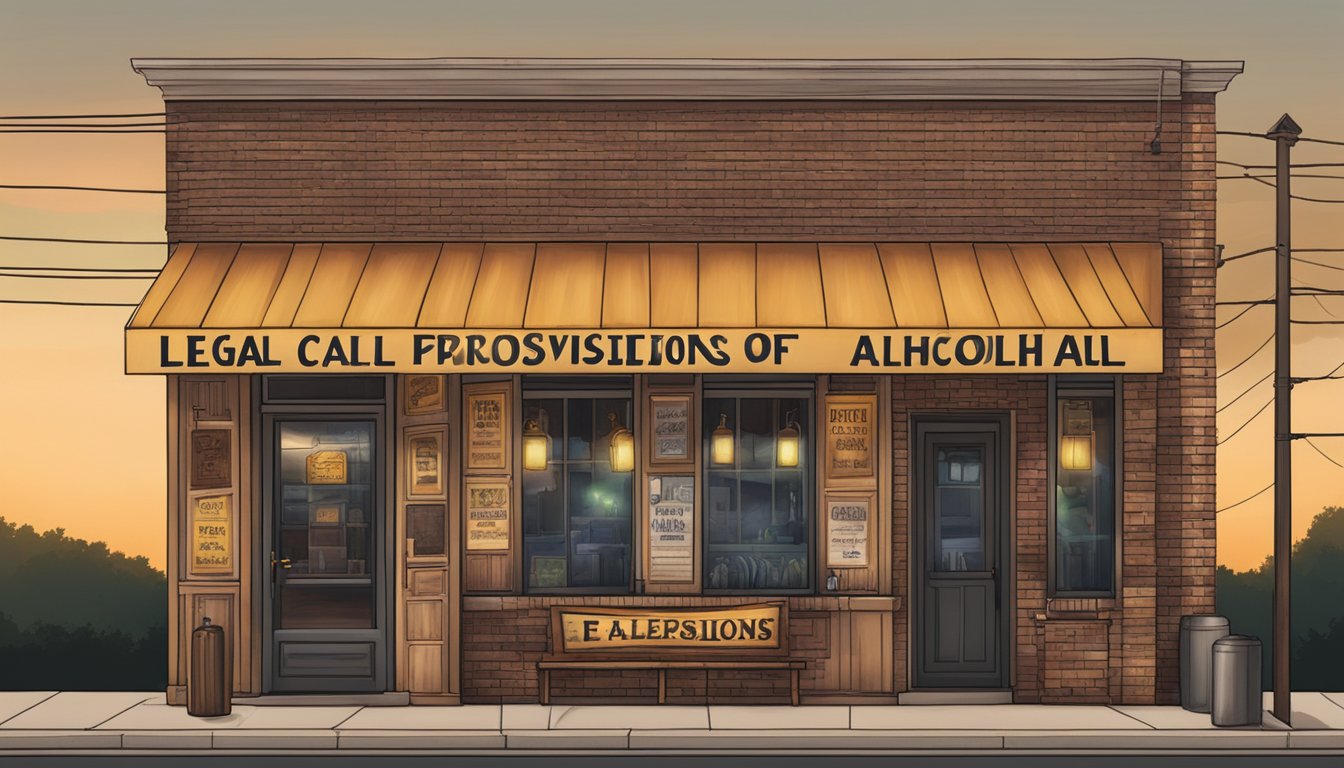 A storefront with a sign displaying "Legal Provisions for Sale of Alcohol" in Jefferson County, Texas. The building has a warm, inviting glow from the inside