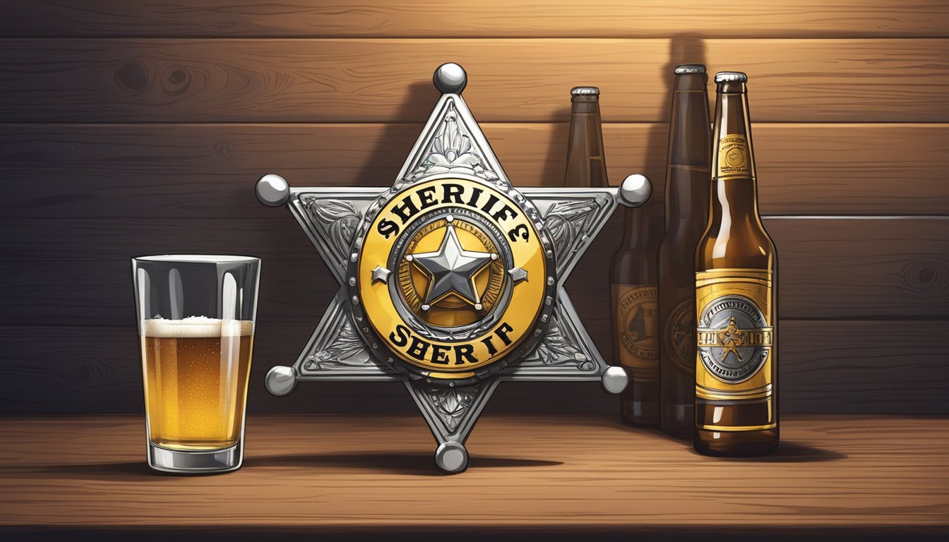 A sheriff's badge placed on a wooden table, surrounded by empty beer bottles and a warning sign