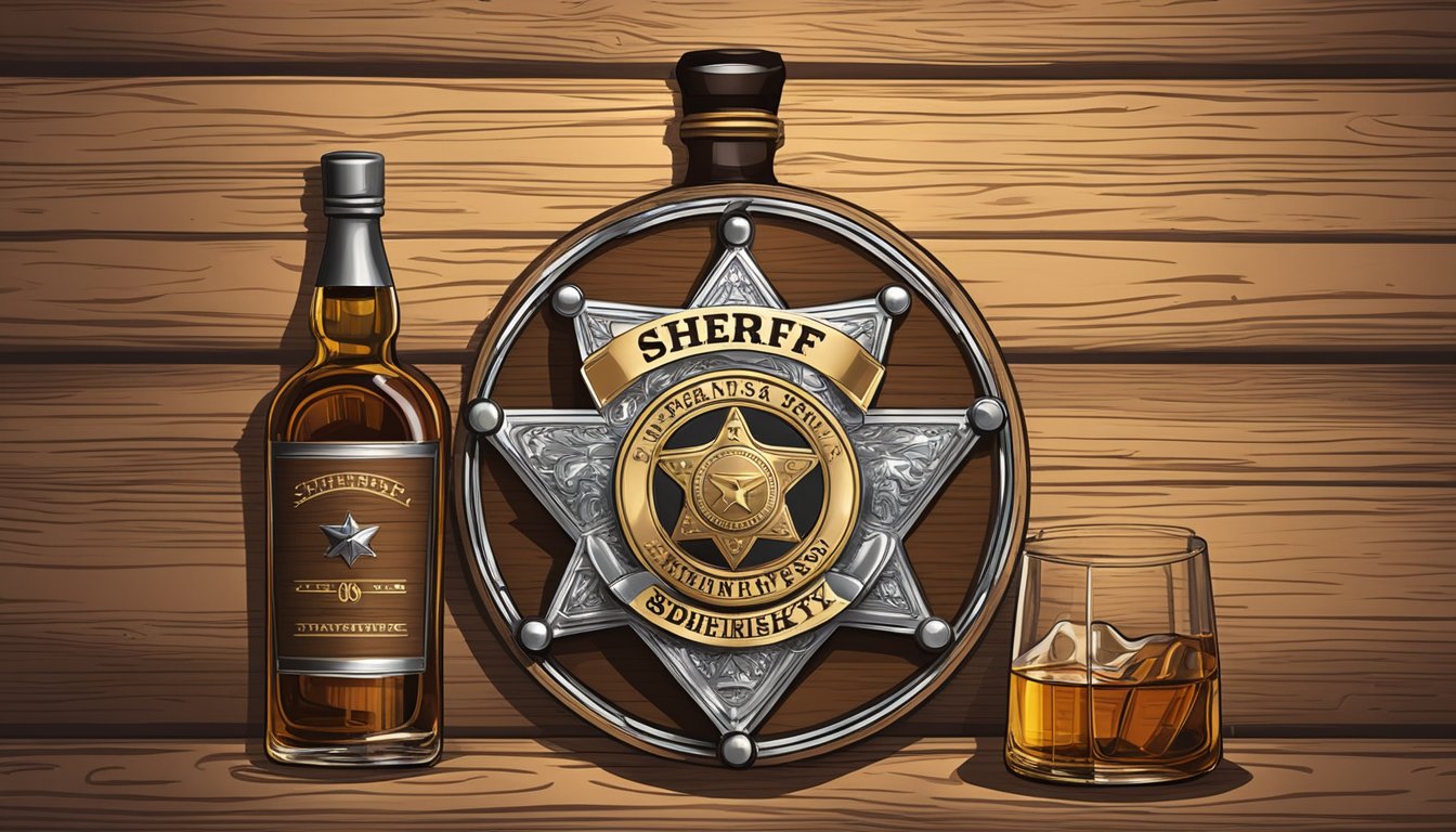 A sheriff's badge and a bottle of whiskey on a wooden table