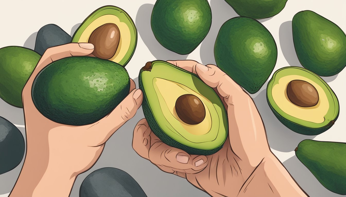 A hand holding a Pinkerton avocado, gently squeezing it to check for ripeness, with a few other avocados nearby