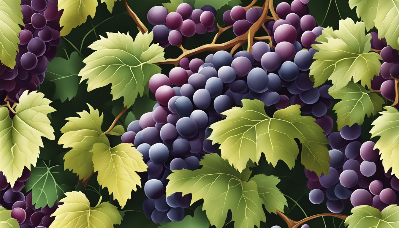 A vineyard with clusters of ripe table grapes in vibrant colors, contrasting with smaller, darker wine grapes still on the vine