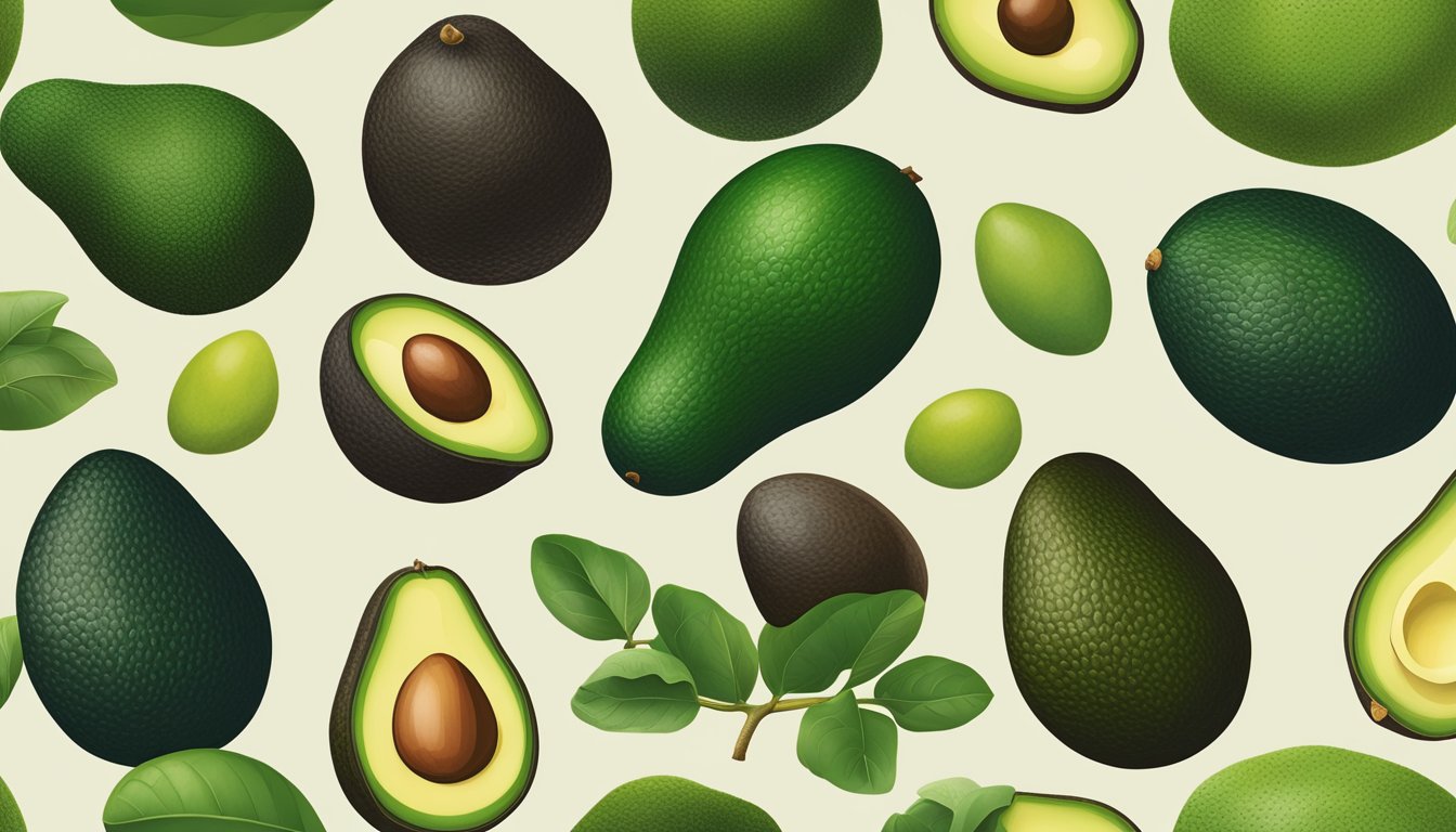 A ripe Pinkerton avocado sits next to other varieties, showing its dark green skin and firm texture